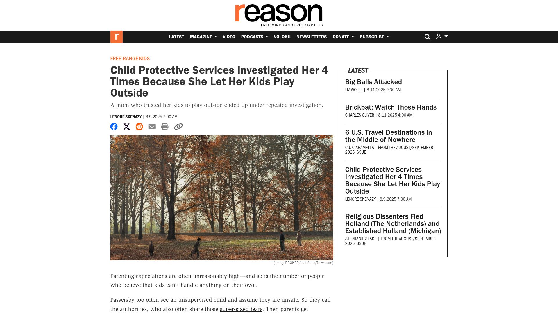 Screenshot of reason.com: CPS Investigated Her 4 Times Because She Let Her Kids Play Outside
