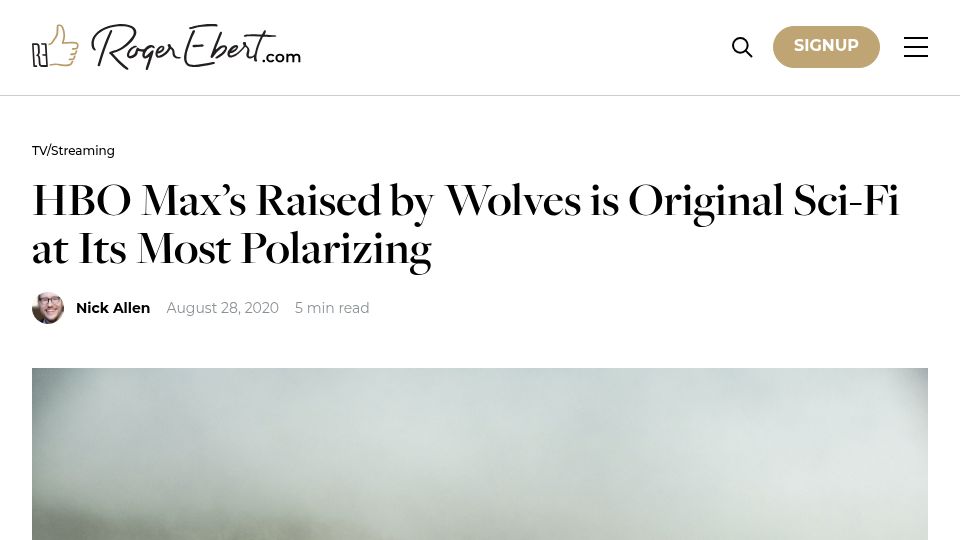 Screenshot of rogerebert.com: Raised by Wolves Is Original Sci-Fi at Its Most Polarizing (2020)