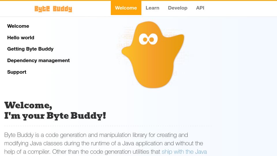 Screenshot of bytebuddy.net: Byte Buddy is a code generation and manipulation library for Java