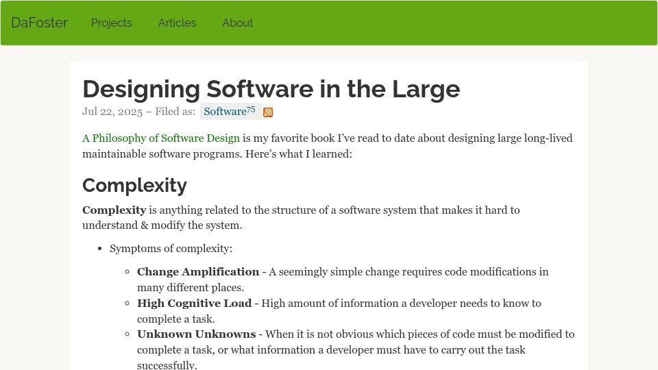 Screenshot of dafoster.net: Designing Software in the Large