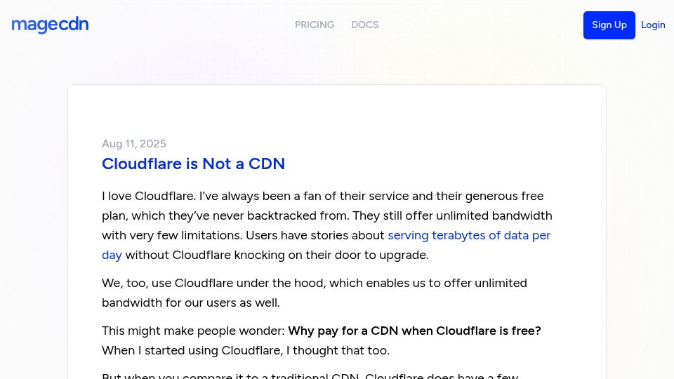 Screenshot of magecdn.com: Cloudflare Is Not a CDN