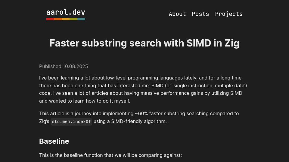 Screenshot of aarol.dev: Faster substring search with SIMD in Zig