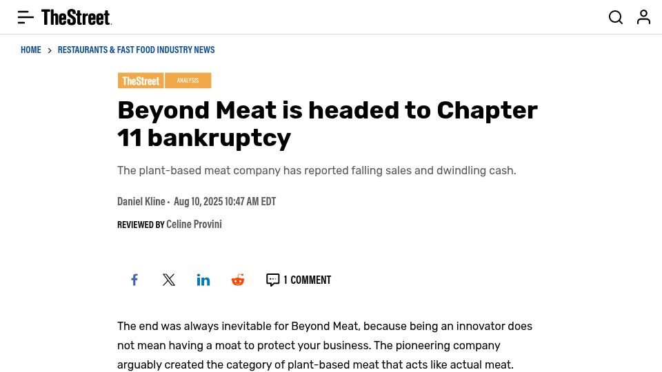 Screenshot of thestreet.com: Beyond Meat is headed to Chapter 11 bankruptcy
