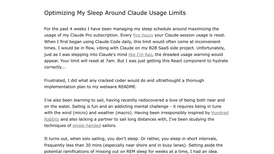 Screenshot of mattwie.se: Optimizing my sleep around Claude usage limits