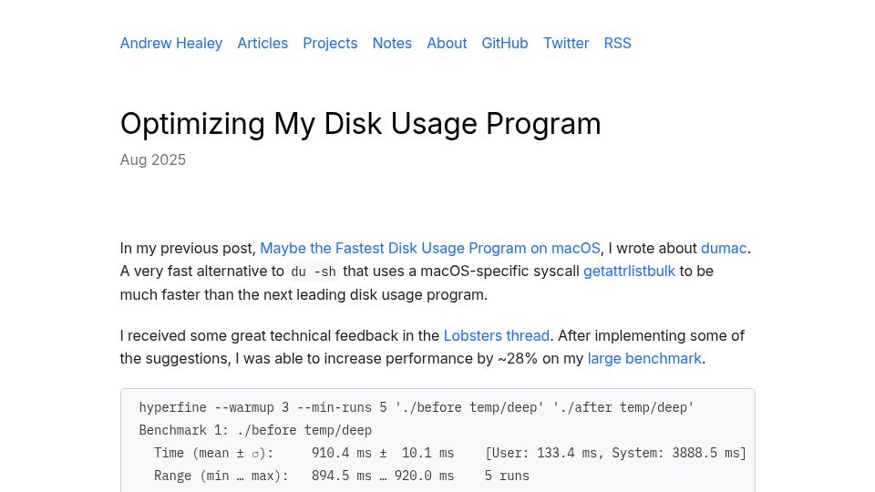 Screenshot of healeycodes.com: Optimizing My Disk Usage Program