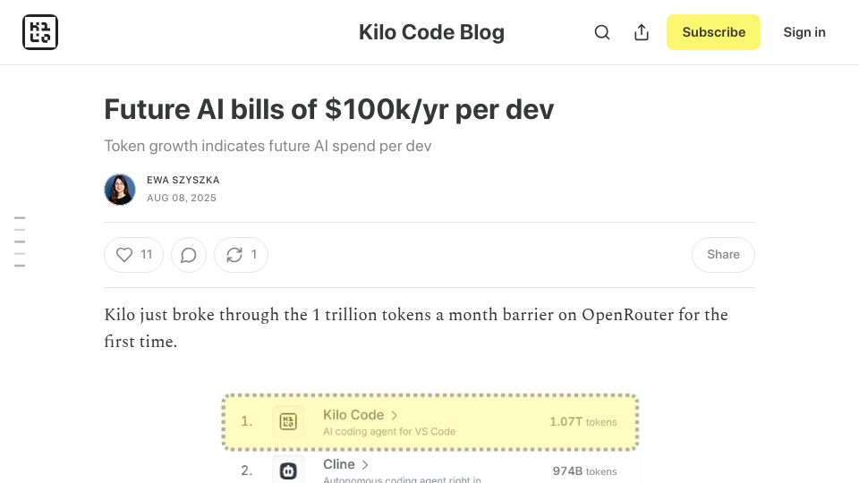 Screenshot of blog.kilocode.ai: Token growth indicates future AI spend per dev