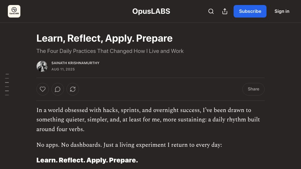 Screenshot of opuslabs.substack.com: Learn, Reflect, Apply, Prepare: The Four Daily Practices That Changed How I Live