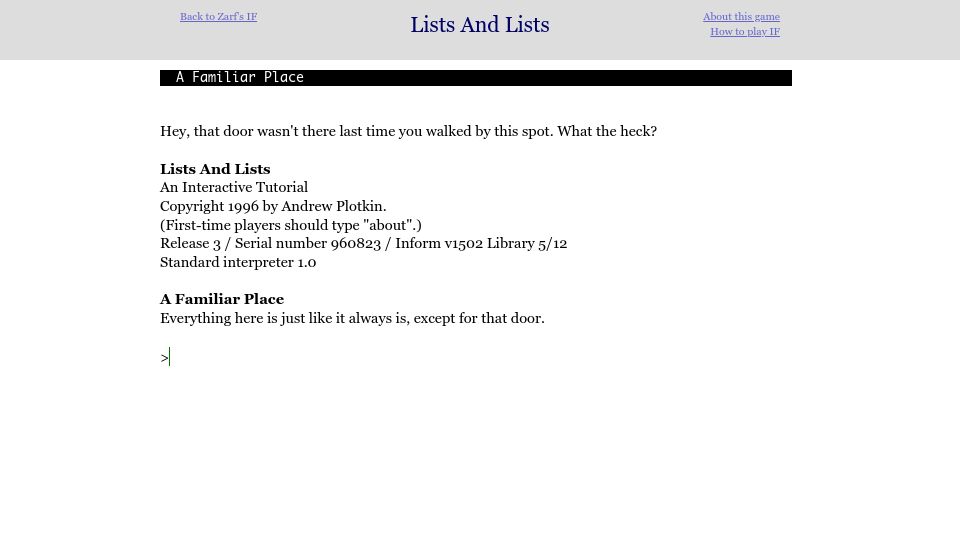 Screenshot of eblong.com: Lists and Lists: Basics of Lisp through interactive fiction (1996)