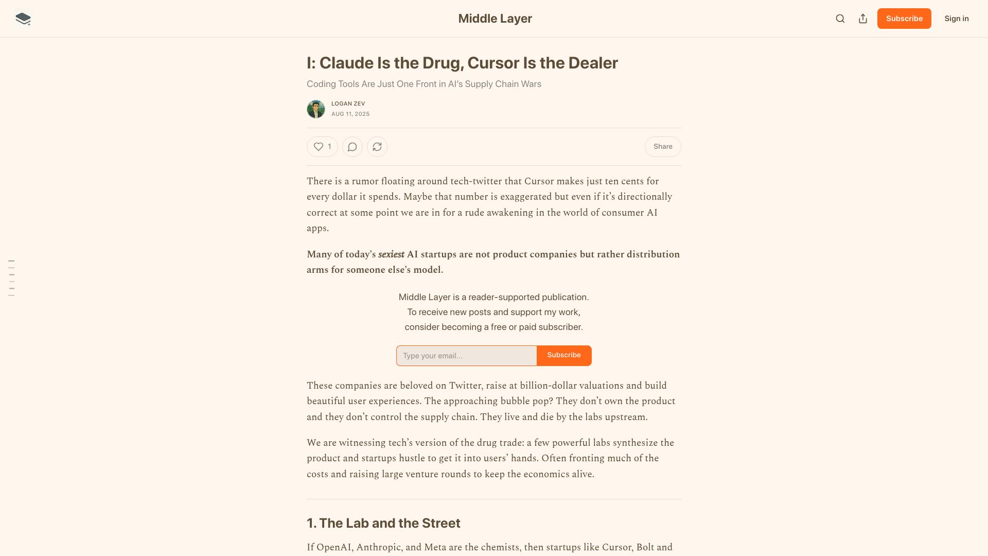 Screenshot of middlelayer.substack.com: Claude is the drug, Cursor is the dealer