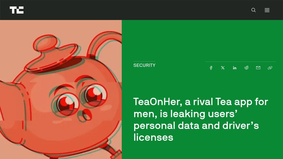 Screenshot of techcrunch.com: TeaOnHer, a rival Tea app for men, is leaking users' personal data