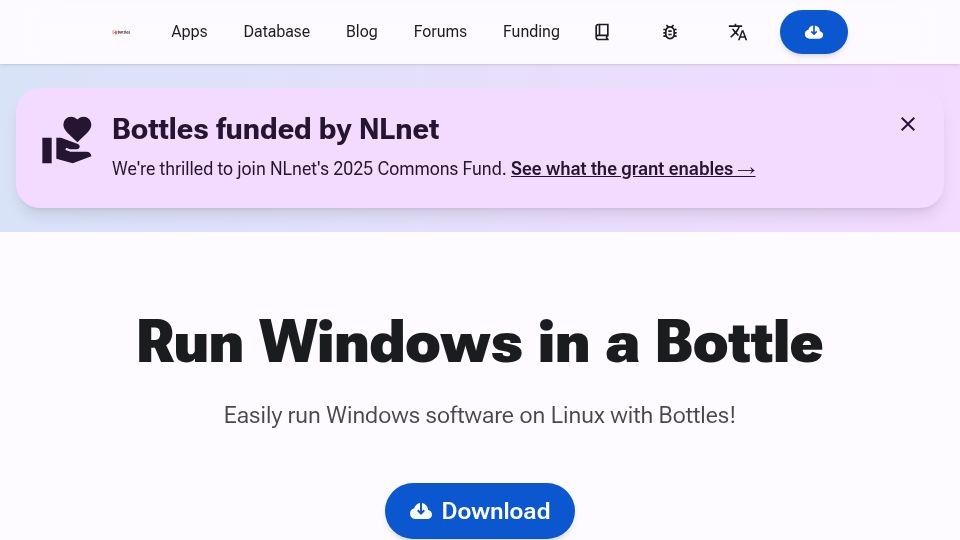 Screenshot of usebottles.com: Easily run Windows software on Linux with Bottles