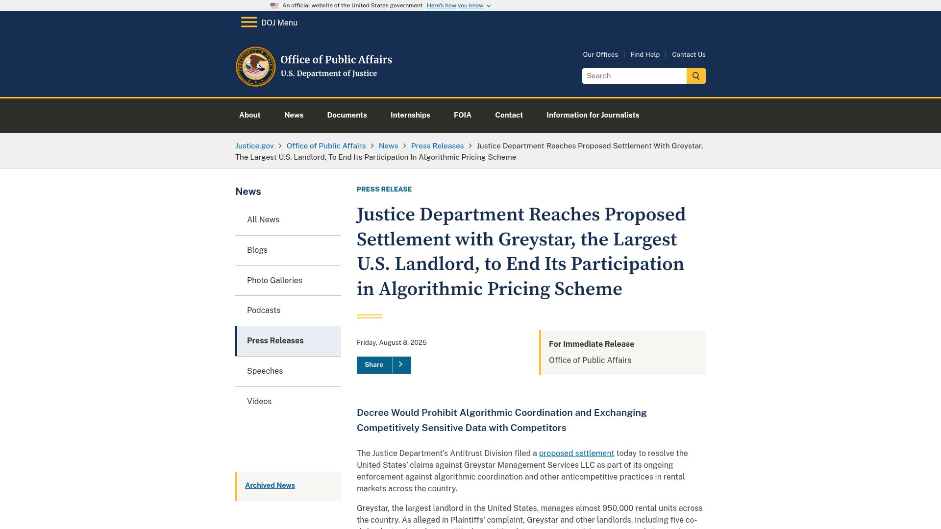 Screenshot of justice.gov: Justice Dept. Settles with Greystar to End Participation in Algorithmic Pricing