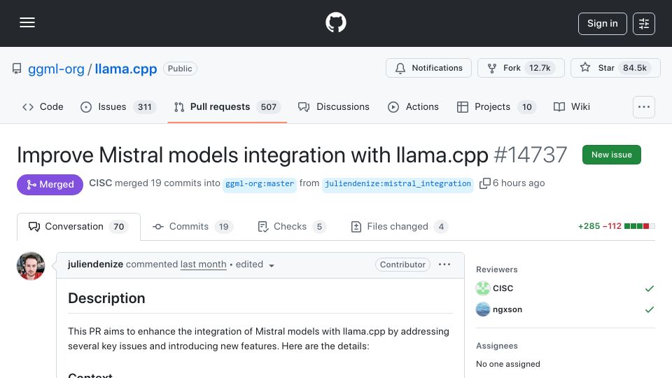 Screenshot of github.com: Mistral Integration Improved in Llama.cpp