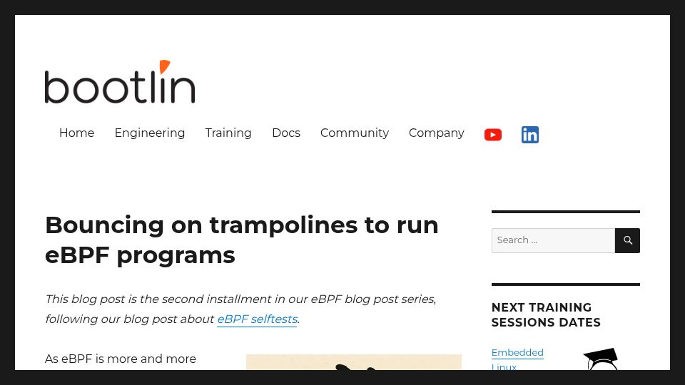 Screenshot of bootlin.com: Bouncing on trampolines to run eBPF programs