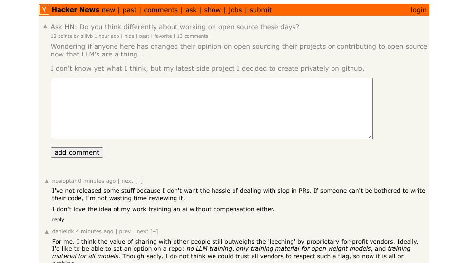 Screenshot of Hacker News post: Ask HN: Do you think differently about working on open source these days?