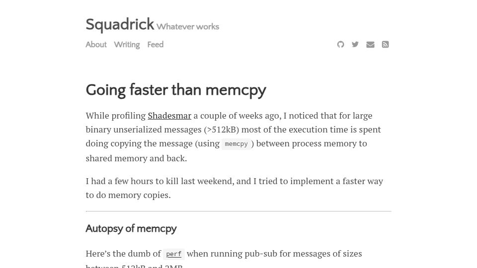 Screenshot of squadrick.dev: Going faster than memcpy