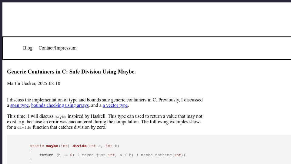 Screenshot of uecker.codeberg.page: Generic Containers in C: Safe Division Using Maybe