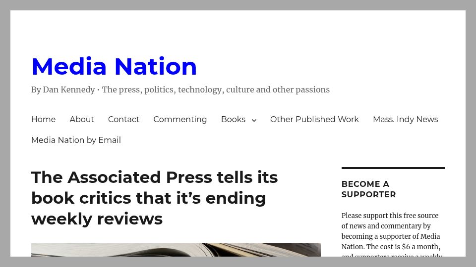 Screenshot of dankennedy.net: AP to end its weekly book reviews