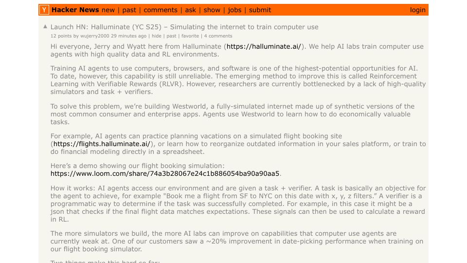Screenshot of Hacker News post: Launch HN: Halluminate (YC S25) – Simulating the internet to train computer use