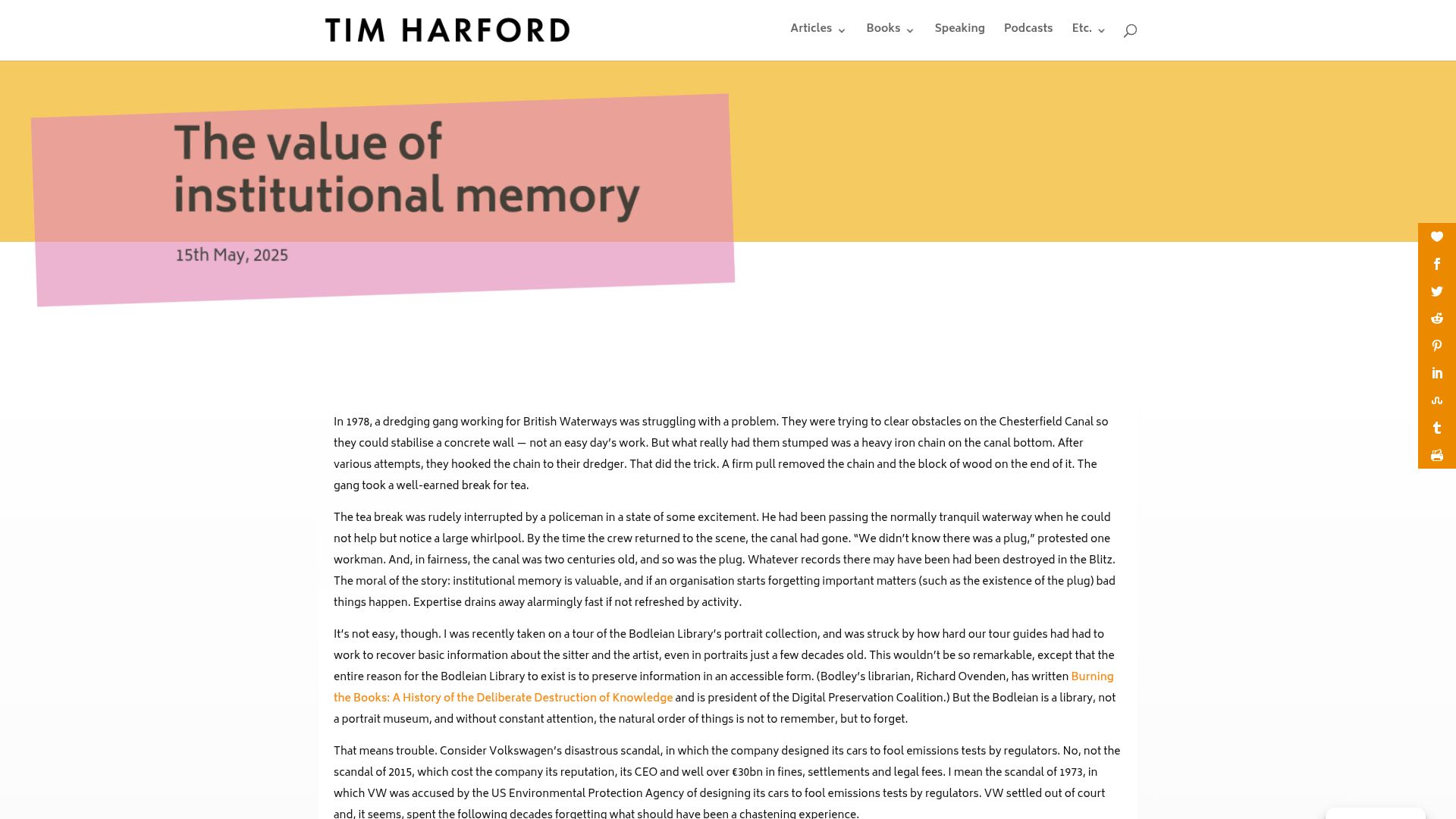 Screenshot of timharford.com: The value of institutional memory