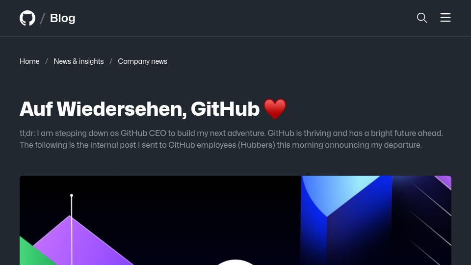 Screenshot of github.blog: Auf Wiedersehen, GitHub – CEO Steps Down