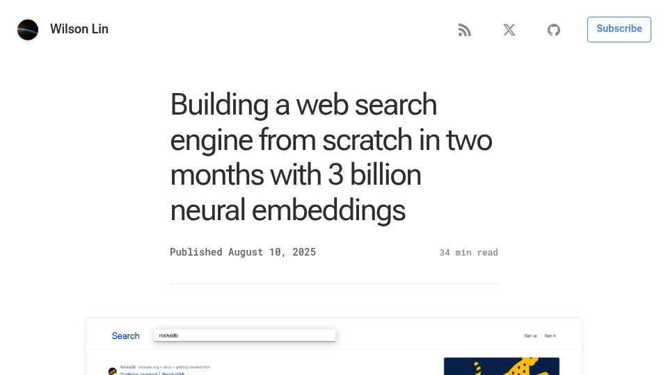 Screenshot of blog.wilsonl.in: Show HN: Building a web search engine from scratch with 3B neural embeddings
