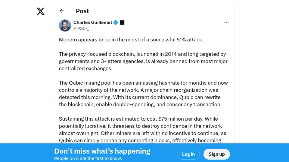 Screenshot of twitter.com: Monero appears to be in the midst of a successful 51% attack