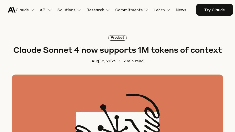 Screenshot of anthropic.com: Claude Sonnet 4 now supports 1M tokens of context