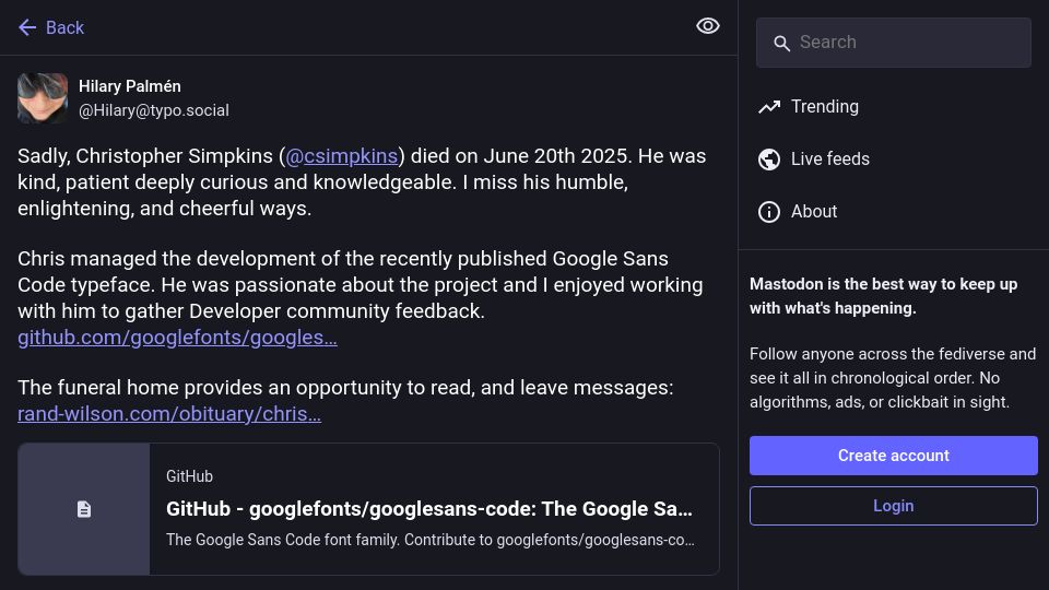Screenshot of typo.social: Chris Simpkins, creator of Hack font, has died