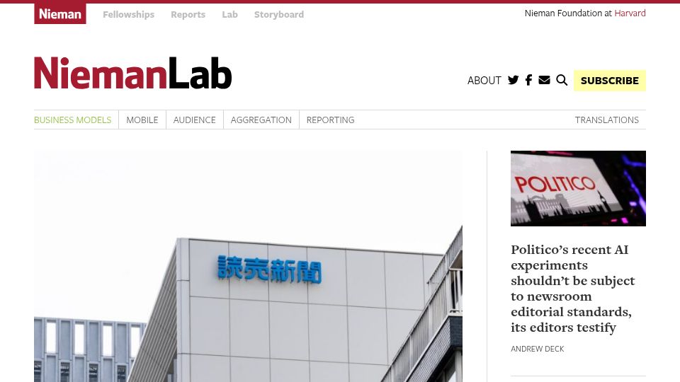 Screenshot of niemanlab.org: Japan's largest paper, Yomiuri Shimbun, sues Perplexity for copyright violations