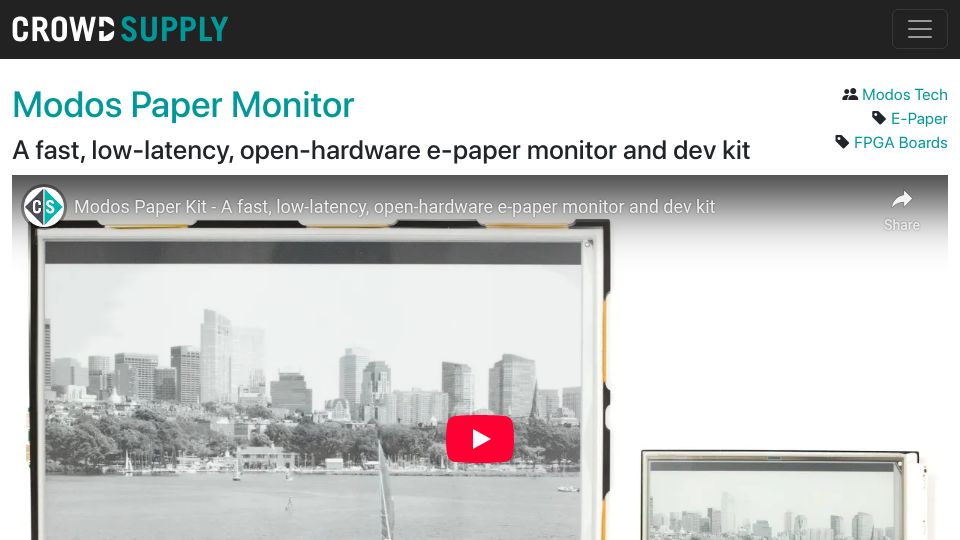 Screenshot of crowdsupply.com: Modos Paper Monitor – Open-hardware e-paper monitor and dev kit