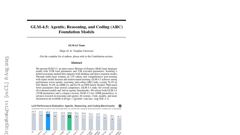 Screenshot of arxiv.org: GLM-4.5: Agentic, Reasoning, and Coding (ARC) Foundation Models [pdf]
