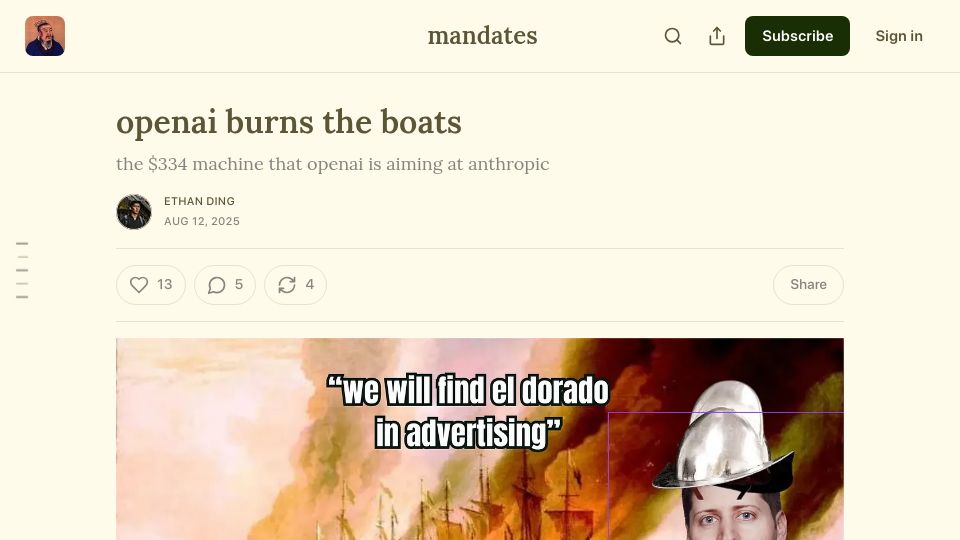 Screenshot of ethanding.substack.com: OpenAI Burns the Boats