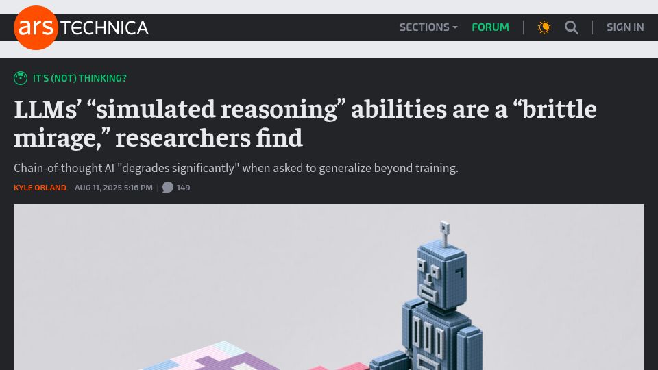 Screenshot of arstechnica.com: Is Chain-of-Thought Reasoning of LLMs a Mirage? A Data Distribution Lens