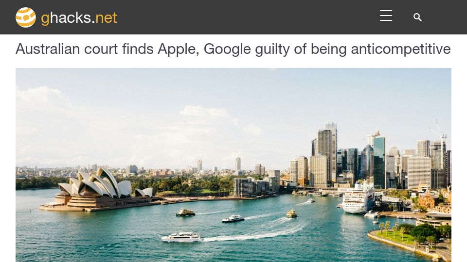 Screenshot of ghacks.net: Australian court finds Apple, Google guilty of being anticompetitive