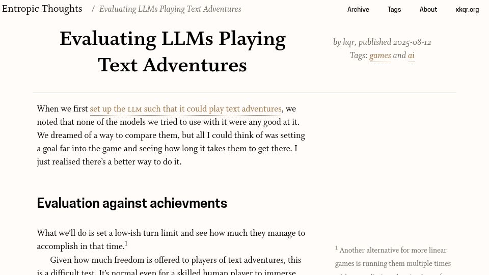Screenshot of entropicthoughts.com: Evaluating LLMs playing text adventures