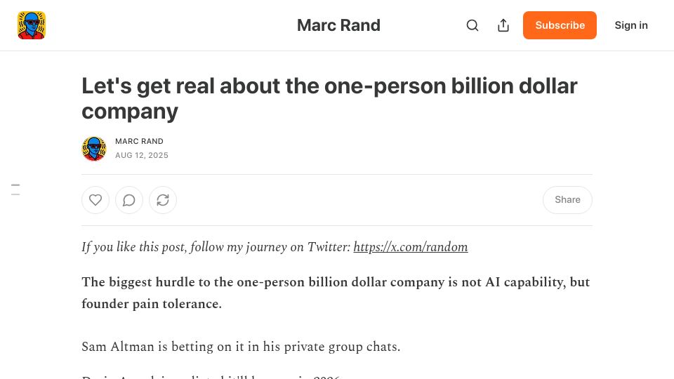Screenshot of marcrand.com: Let's get real about the one-person billion dollar company
