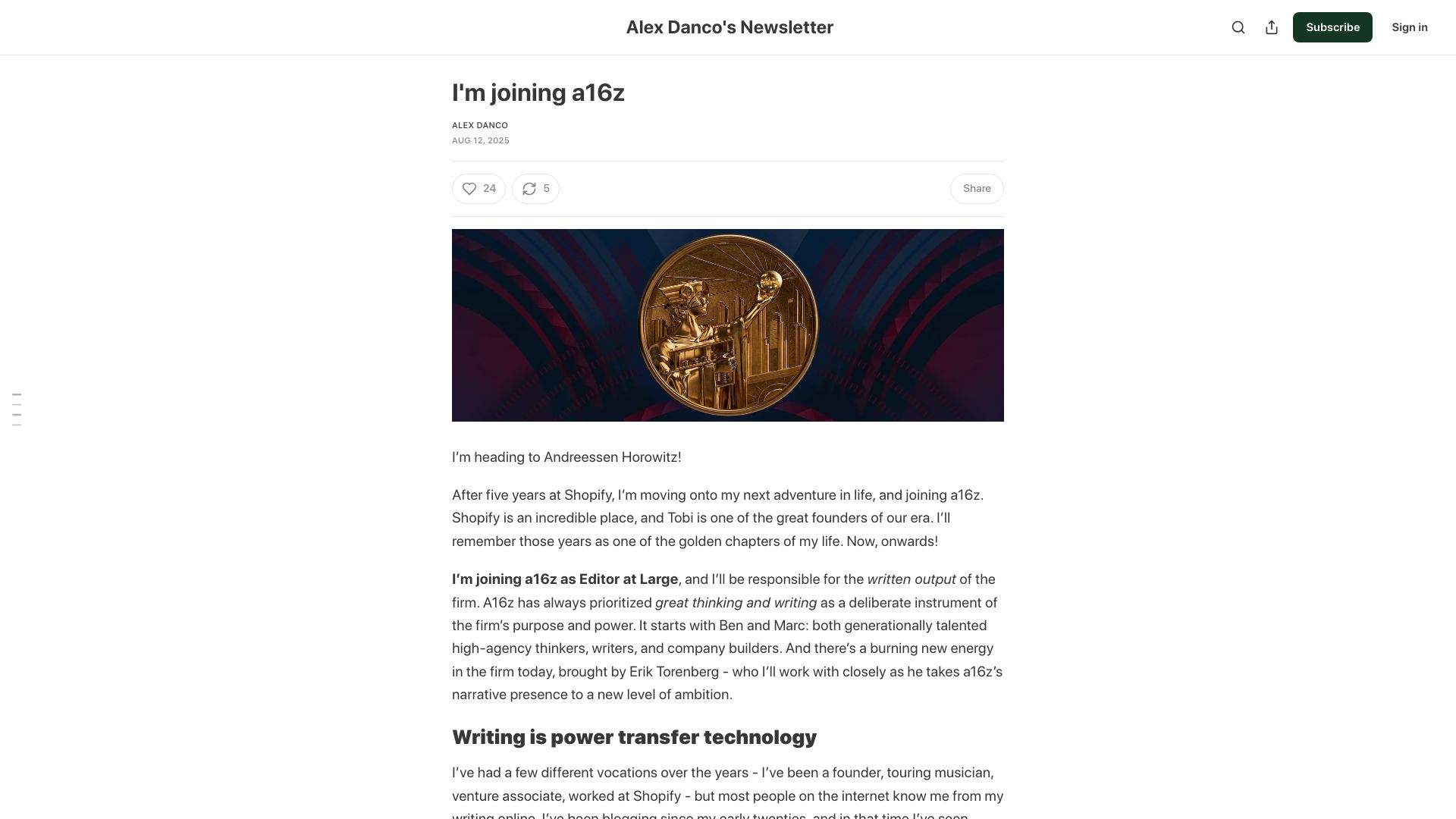 Screenshot of danco.substack.com: Writing is power transfer technology