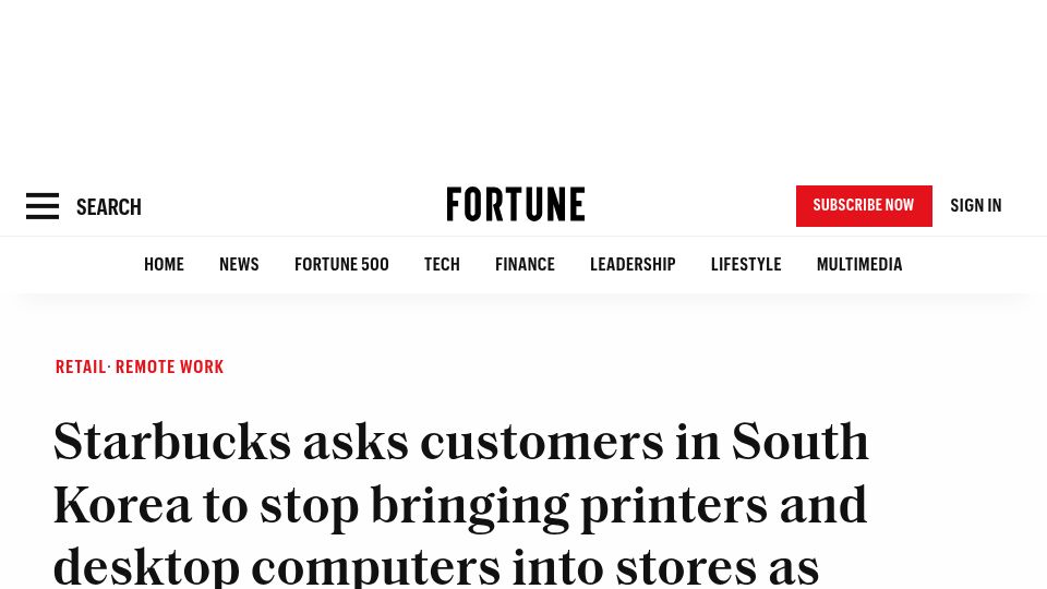 Screenshot of fortune.com: Starbucks in Korea asks customers to stop bringing in printers/desktop computers
