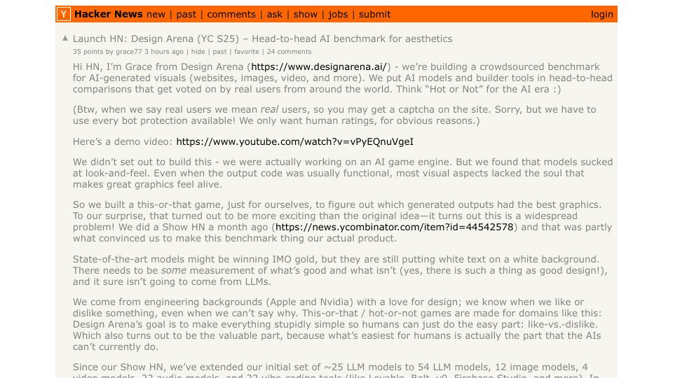 Screenshot of Hacker News post: Launch HN: Design Arena (YC S25) – Head-to-head AI benchmark for aesthetics
