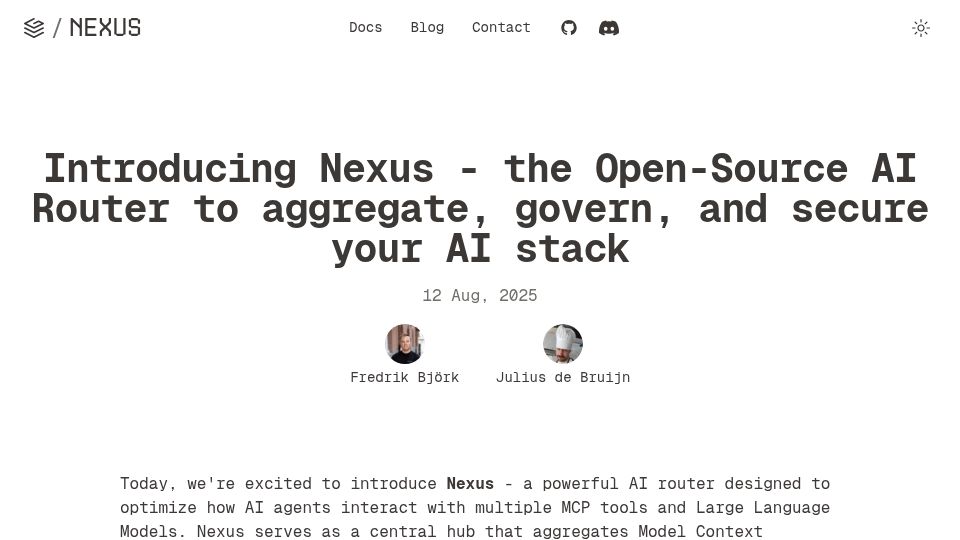 Screenshot of nexusrouter.com: Nexus: An Open-Source AI Router for Governance, Control and Observability