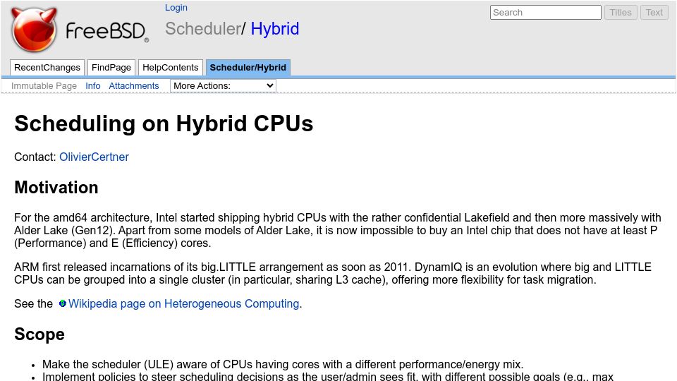 Screenshot of wiki.freebsd.org: FreeBSD Scheduling on Hybrid CPUs