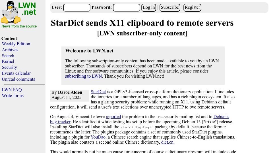 Screenshot of lwn.net: StarDict sends X11 clipboard to remote servers
