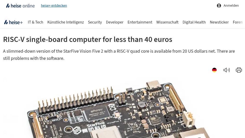 Screenshot of heise.de: RISC-V single-board computer for less than 40 euros