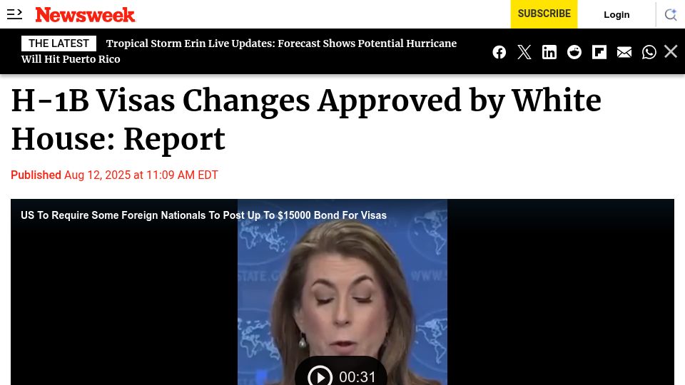 Screenshot of newsweek.com: H-1B Visa Changes Approved by White House
