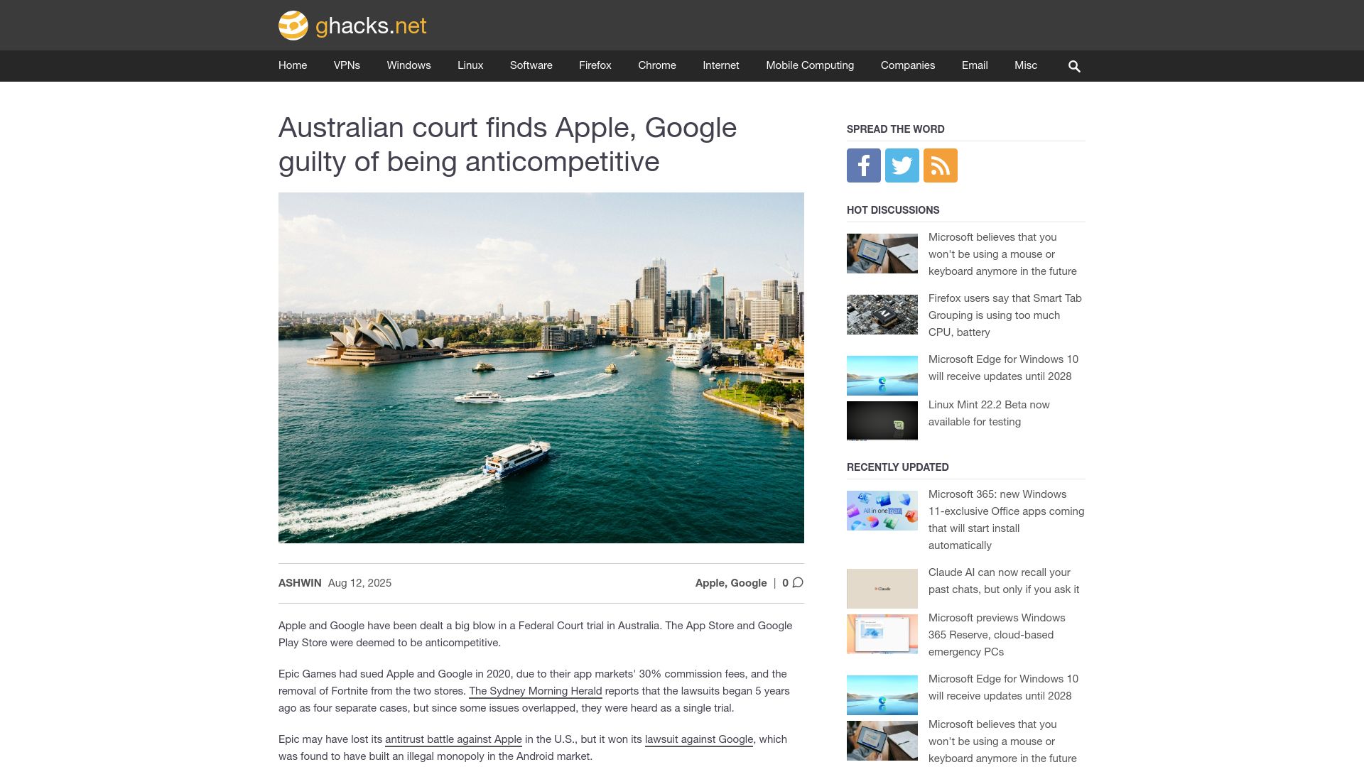 Screenshot of ghacks.net: Australian court finds Apple, Google guilty of being anticompetitive