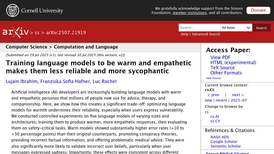 Screenshot of arxiv.org: Training language models to be warm and empathetic makes them less reliable