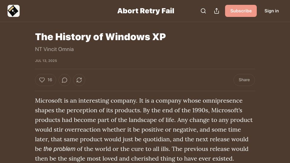 Screenshot of abortretry.fail: The History of Windows XP