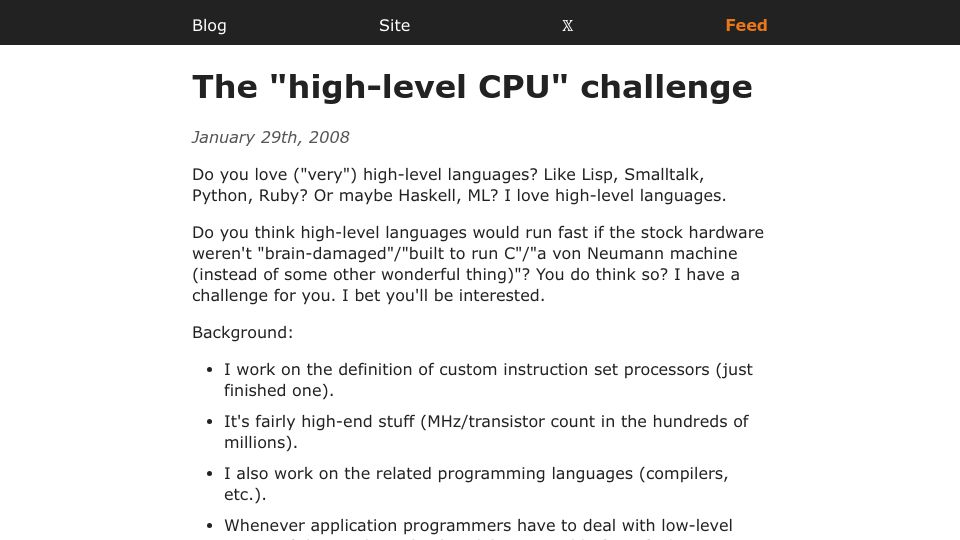 Screenshot of yosefk.com: The "high-level CPU" challenge (2008)