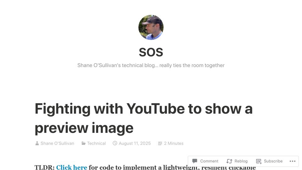 Screenshot of shaneosullivan.wordpress.com: Fighting with YouTube to show a preview image